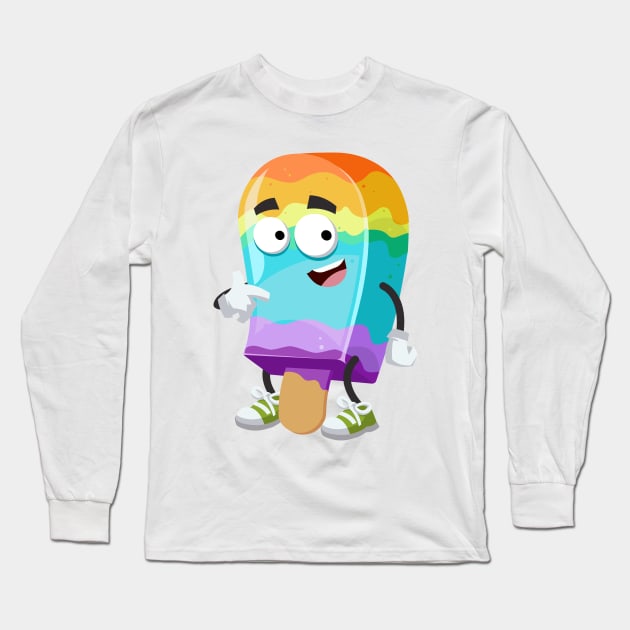 cartoon rainbow colors ice cream on a stick mascot showing himself Long Sleeve T-Shirt by VizRad